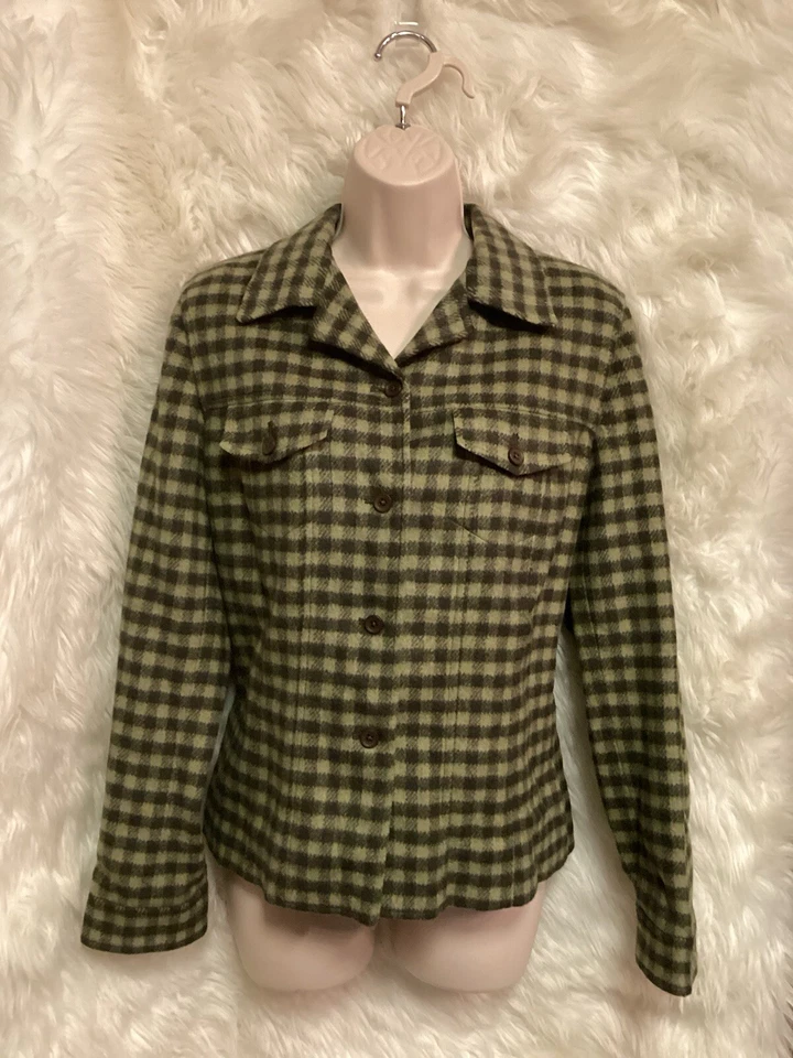 Chaqueta con botones de lana TALBOTS talla 10 bolsillos forrados verde oliva cuadros usada en excelente estado Foto 1 de 4