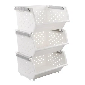 3-Pack Kitchen Stackable Baskets, White Stacking Storage Organizer Bins - Picture 1 of 11