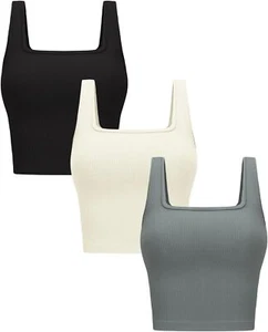Womens 3 Pack Crop Tank Tops Basic Seamless Ribbed Sleeveless Square Neck Top - Picture 1 of 85