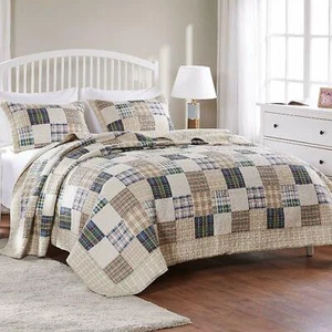 NEW! BEAUTIFUL COZY CLASSIC TAN BEIGE BLUE RED GREEN DENIM CABIN PLAID QUILT SET - Picture 1 of 5