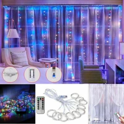 300 LED Curtain Fairy String Lights USB Window Hanging Wedding Xmas Decor Lamp - Image 1 of 4