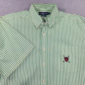Vtg Ralph Lauren Button Down Shirt Mens L Green White Stripes SS Crest Golf Logo - Picture 1 of 19