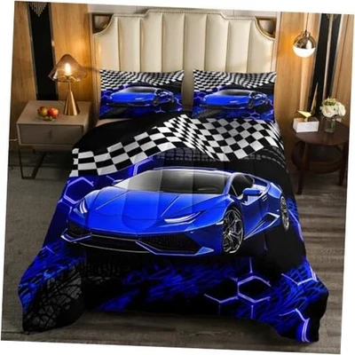  Juego de cama de coche de carreras para niños, niños, niñas - talla Speed Queen azul y negro Foto 1 de 4