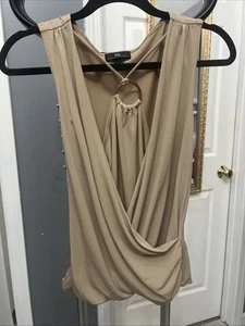 Women's IZ Byer California Gold Tan Color Design Neck Polyester Blouse Sz Large  - Picture 1 of 3