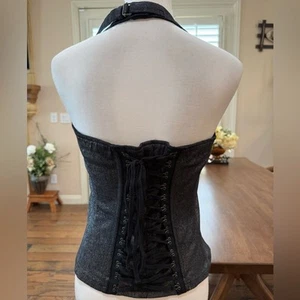 TRIPP NYC schwarz Korsett Trägershirt Neckholder Top Gr. M Schnürung hinten Metallknöpfe Gothic - Bild 1 von 12