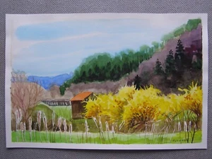 LANDSCAPE Bushes Forsythia Original Watercolor Acrylic Painting Art By Artist - Picture 1 of 2