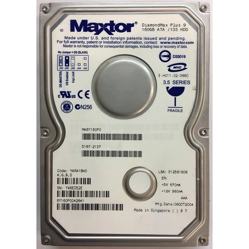 6Y160P0042841 - Maxtor 160GB 7200 RPM IDE 3.5" HDD - Image 1 of 1