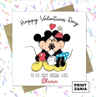 Personalised Minnie & Mickey Mouse Kiss Valentines Day Card Husband Wife  CAK - Image 1 of 4