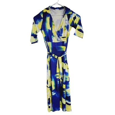 Locryz Blue and Yellow Maxi Dress V-Neck 3/4 Sleeve with Belt Size XL  - Image 1 of 4