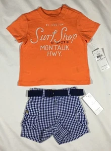 NUEVO CON ETIQUETAS Bebé Ralph Lauren 2 Piezas Naranja Camiseta y Cuadros Pantalones Cortos Conjunto-Al Por Menor $59 - Imagen 1 de 1