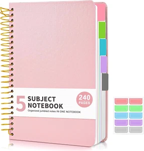 5 Subject Notebook College Ruled, Hardcover Spiral Notebook with Removable Pocke - Picture 1 of 8