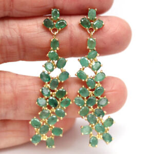 Unheated Green Emerald 925 Sterling Silver Earrings 14k Gold Plated