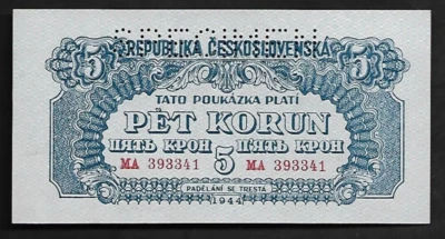 Czechoslovakia 5 Korun 1944 UNC Republika Ceskoslovenska - Image 1 of 2