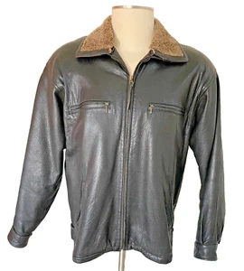 Couture by J Park Leather Jacket Sz M Black Leather Shearling Removable Collar - Picture 1 of 11