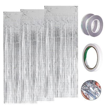 3 Pièces Rideau de Frange Brillant 1mx2m Argent Rideau de Frange Avec 2 Roule... - Photo 1/4