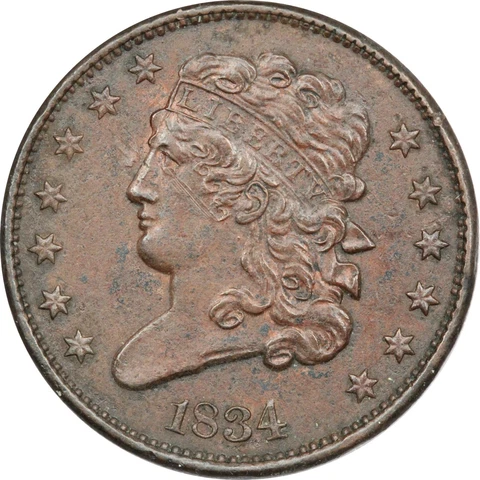 1834 Classic Head Half Cent 1/2C, About Uncirculated AU Minor Environment Damage Cover