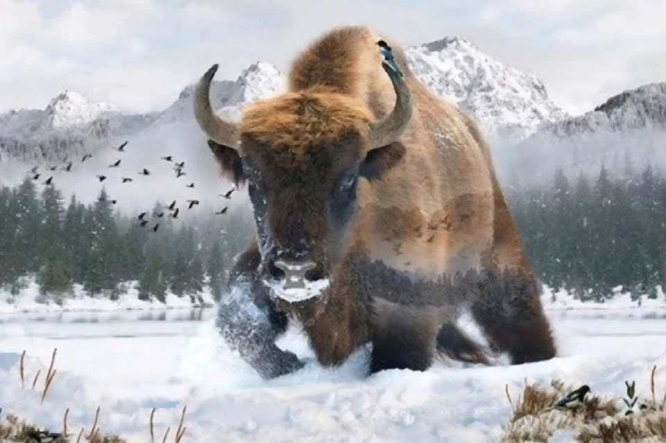 Hoffman Call Of The Wild Snowy Winter Bison Cotton Quilt Panel 30" x 44" - Image 1 of 1