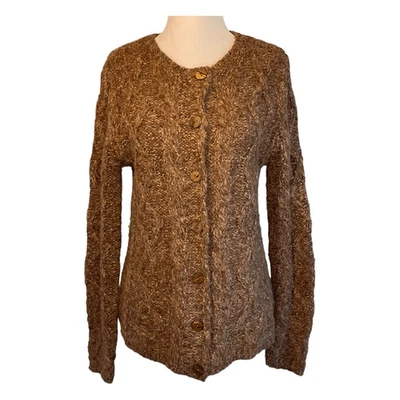 Cárdigan Suéter Tejido con Cable Hecho a Mano Elena Solano Marrón Brezo Botón Frontal Foto 1 de 4