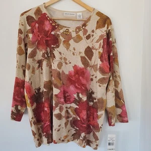 ALFRED DUNNER 1X Villa D'Este Red Pink Floral Gems Knit Top Gold Metallic NWT - Picture 1 of 12