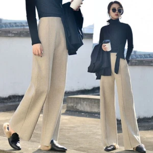 Fashion Womens Wool Blend Wide Leg Pants High Waist Straight Pants Trouser Loose - Picture 1 of 10