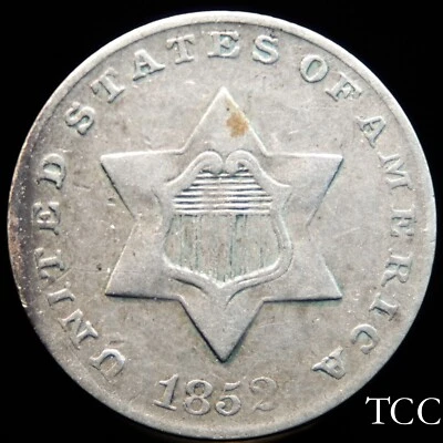1852 THREE CENT SILVER ~ GORGEOUS ORIGINAL TRIME 3c COIN ~ FREE SHIPPING ~ TCC - Image 1 of 4