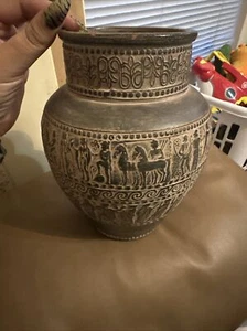 Greek Art Pottery Vase Figural Relief Design Greece Dark Green Folk Art Vintage - Picture 1 of 7