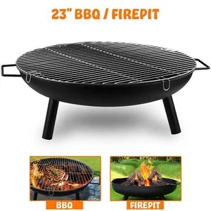 23" Large Round Steel Fire Pit Garden Patio Camping Heater Burner Bowl BBQ Gril - Picture 1 of 10