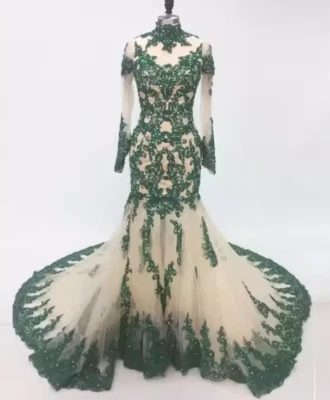 Green Wedding Dress Long Sleeves Mermaid High Neck Embroidery Sweep Train - Image 1 of 4