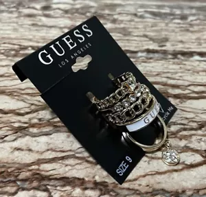 Guess Jewelry Gold Rings Size 9 Crystal Bezel Chain Link White Enamel Logo 5 pcs - Picture 1 of 7