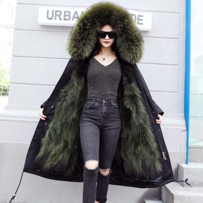 Womens Real Fox Mink Fur Lined Fur Collar Parka Jacket Winter Coat Snow Overcoat - Image 1 of 4