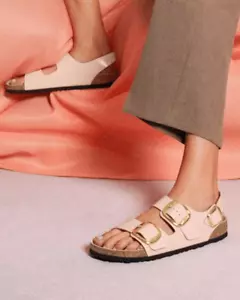 Birkenstock Milano Big Buckle High Shine Beige Leather Sandals Size 40 - Picture 1 of 12