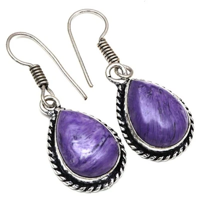 Cheroite Gemstone Handmade Gift For Her Silver Jewelry Earrings 1.5" - Image 1 of 4