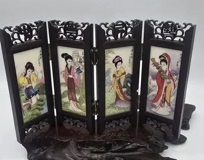 VTG porcelain tile wood folding screen Japanese Geishas Bird Plants* Read - Image 1 of 4
