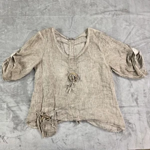Camisa Tempo Paris Lino Mujer Pequeña Taupe Hecha en Italia Cordón Acanalado Boho - Imagen 1 de 11