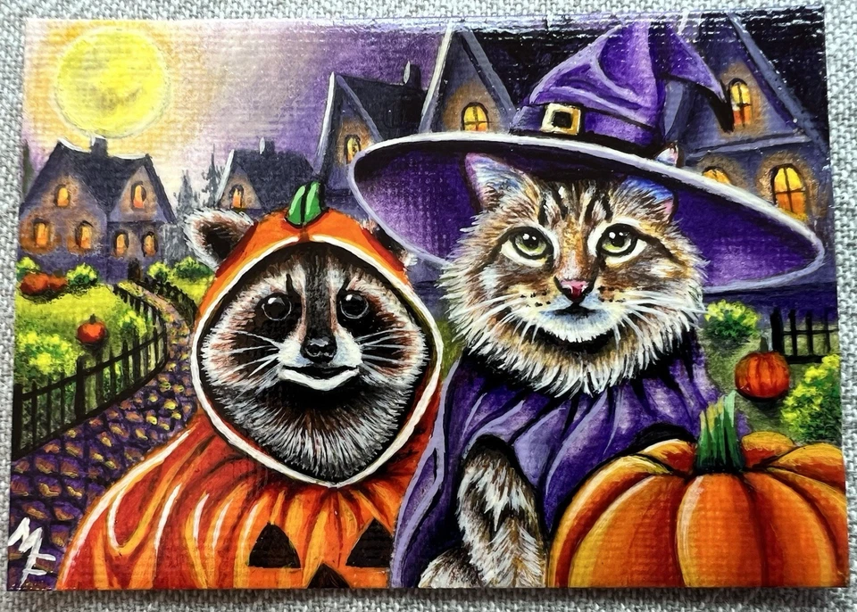 ACEO ORIGINAL Raccoon, Cat “Trick or Treat” Artist, M. Frost 2024 Acrylic - Image 1 of 4