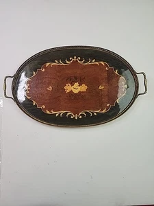 Vintage 60er Jahre Italienische Intarsien Oval Galerie Tablett Intarsien Holz Messing 20x12 - Bild 1 von 21