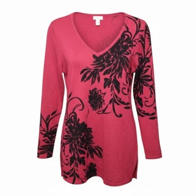 Chicos Red Tunic Length Sweater Black Floral Print Front Back Size 1 - Image 1 of 4