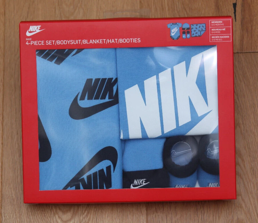 Nike Baby Boy Blanket Bodysuit Hat & Booties Set Blue & White 0-6M