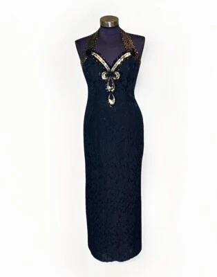 Vestido Halter Loralie Vintage Años 90 Negro Dorado Lentejuelas Gótico Baile de graduación Formal 8 Foto 1 de 4