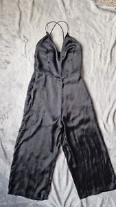 Pretty Little Thing Black Satin Jumpsuit Cropped 6 VGC