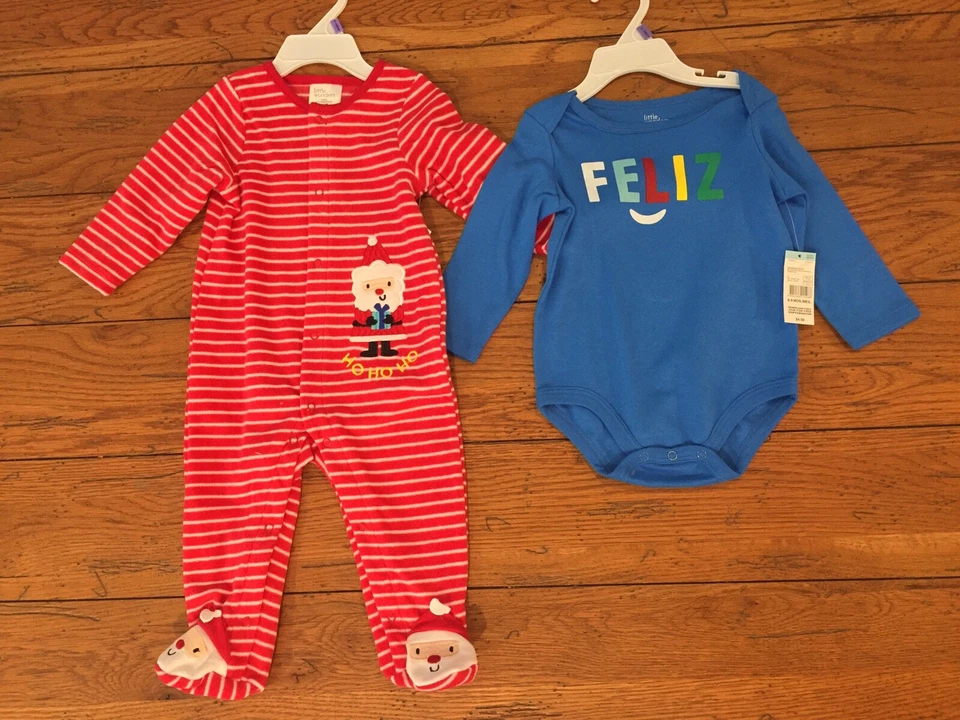 Set of 2 Baby 6-9 Month Holiday Sleepers Santa Fleece Pajamas Blue Feliz 1-Piece - Изображение 1 из 4