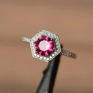 925 Sterling Silver Ruby Lab Created Gemstone Dainty Halo Women Ring Duty Free - Picture 1 of 4
