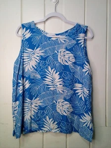Camisa Blusa Mujer Makai Beach Hawaii L Sin Mangas Hojas Tropicales Azul Blanco - Imagen 1 de 16