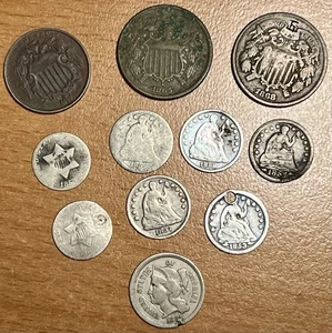 Silver Trime Half Dime 3-Cent & Shield Nickel 2-Cent Piece Set Collection Lot - Picture 1 of 2