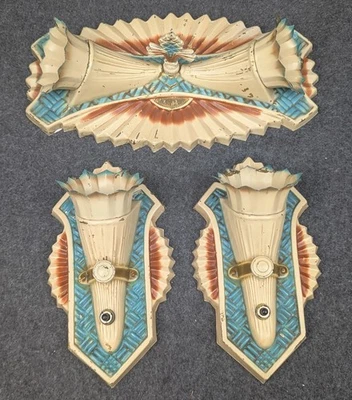 Pair 1920s-30s Cornucopia Sconces & Ceiling Light Fixture, Stamped Brass Rewired - Image 1 of 4