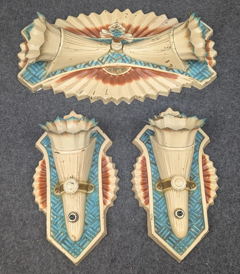 Pair 1920s-30s Cornucopia Sconces & Ceiling Light Fixture, Stamped Brass Rewired - Image 1 of 4