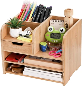 Bamboo Desktop Organizer with Drawer, 3 Tier Wooden Desk File Document Organizer - Picture 1 of 8