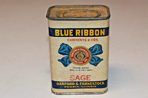 1930s Blue Ribbon Sage Spice Tin Oakford & Fahnestock Peoria, Illinois - Picture 1 of 6