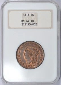 1818 CORONET HEAD LARGE CENT N-10 R1 NGC MS64 RB OLD FATTY HOLDER PQ COIN! - Picture 1 of 3