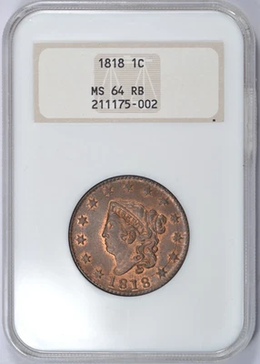 1818 CORONET HEAD LARGE CENT N-10 R1 NGC MS64 RB OLD FATTY HOLDER PQ COIN! - Image 1 of 3